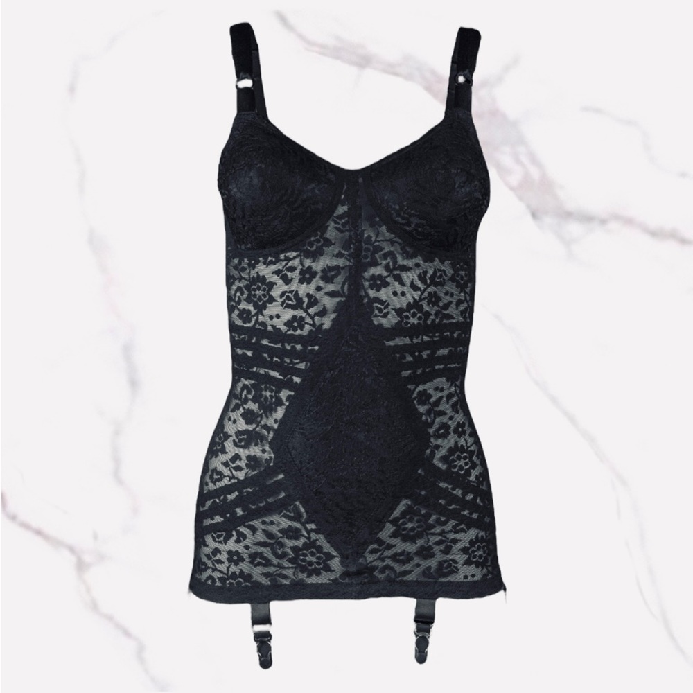 Rago of New York EUC 34C Black Lace Body Shaper Garters Pinup Girl Smoldering